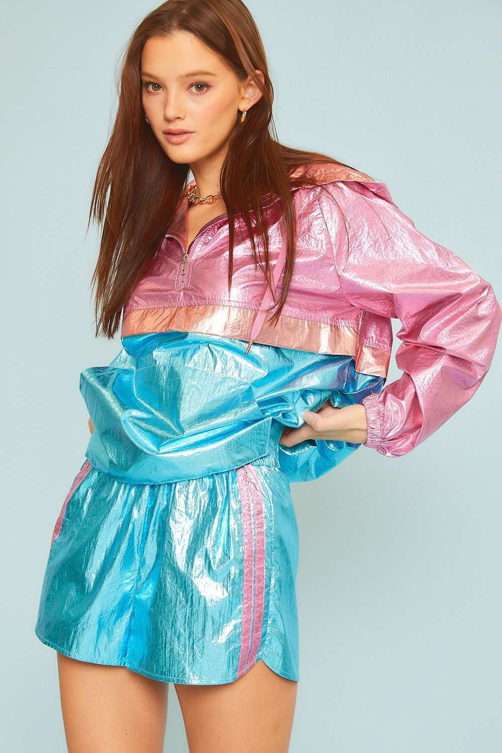 Color Block Hoodie Metalic Windbreaker: BLUE MULTI