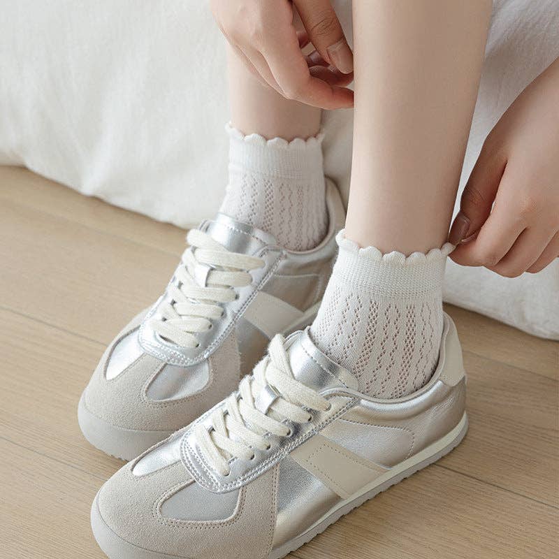 Cute Solid Color Mesh Ruffle Ankle Sock White