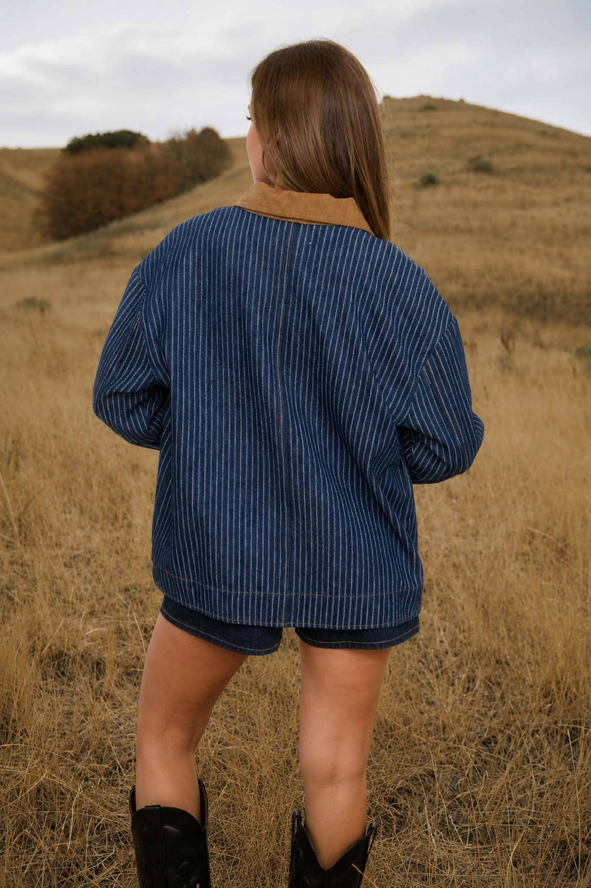 STRIPE CORDUROY COLLAR DENIM SHACKET: INDIGO