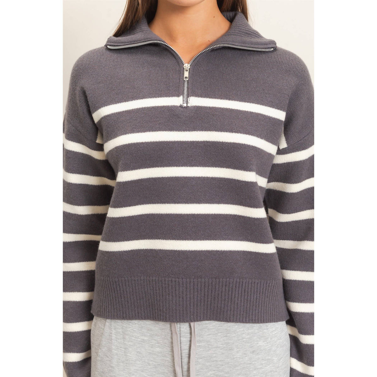 Half-Zip Collared Stripe Sweater: CHARCOAL