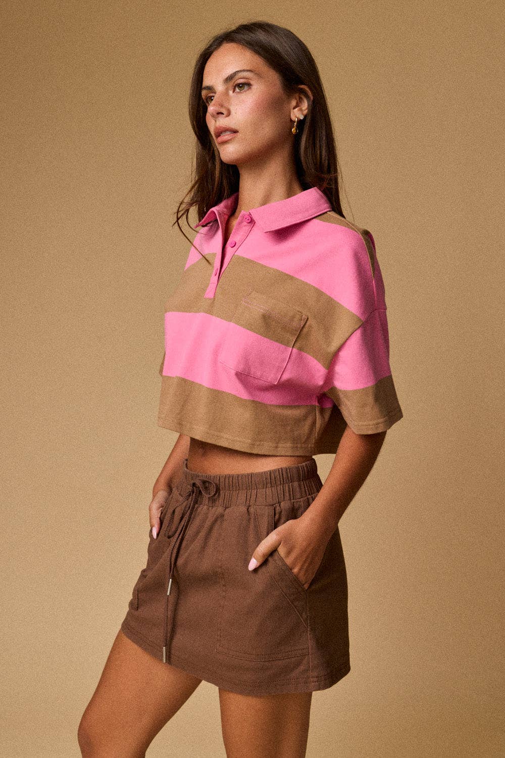 Cropped Rugby Stripe Polo Top  : IVORY/HUNTER