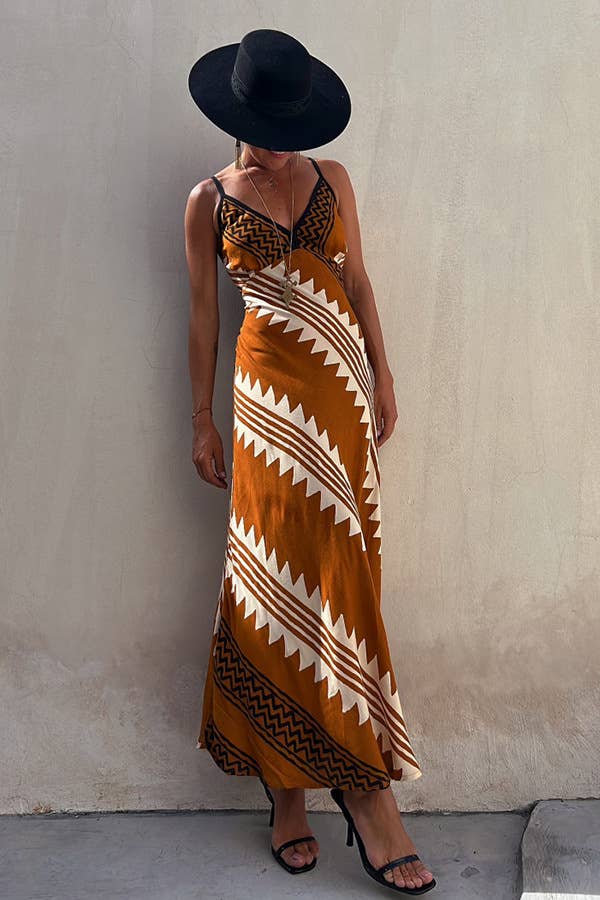 Ethnic Print Slip Midi Dress: Brown