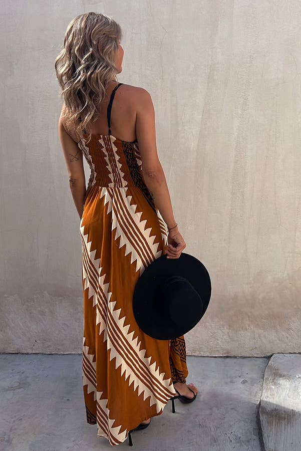 Ethnic Print Slip Midi Dress: Brown