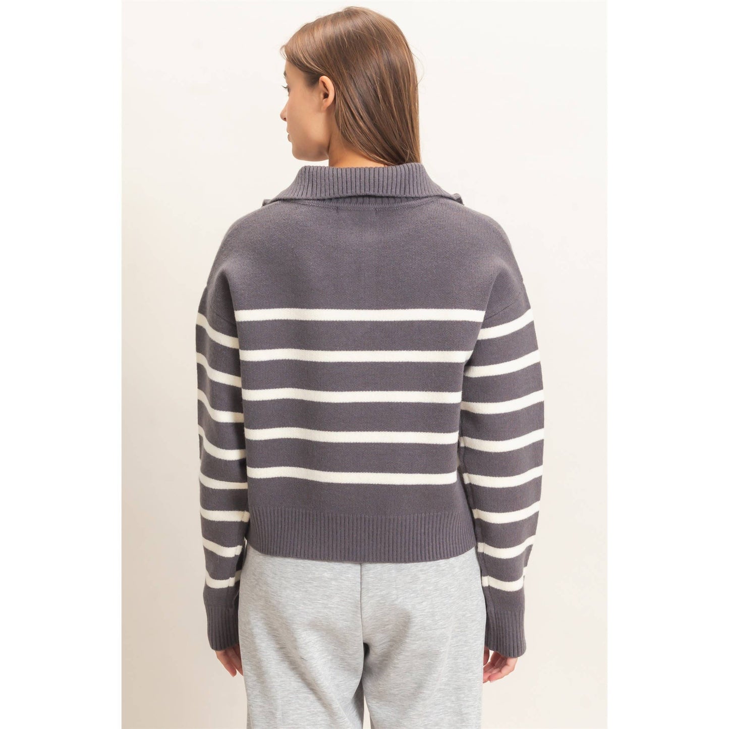 Half-Zip Collared Stripe Sweater: CHARCOAL