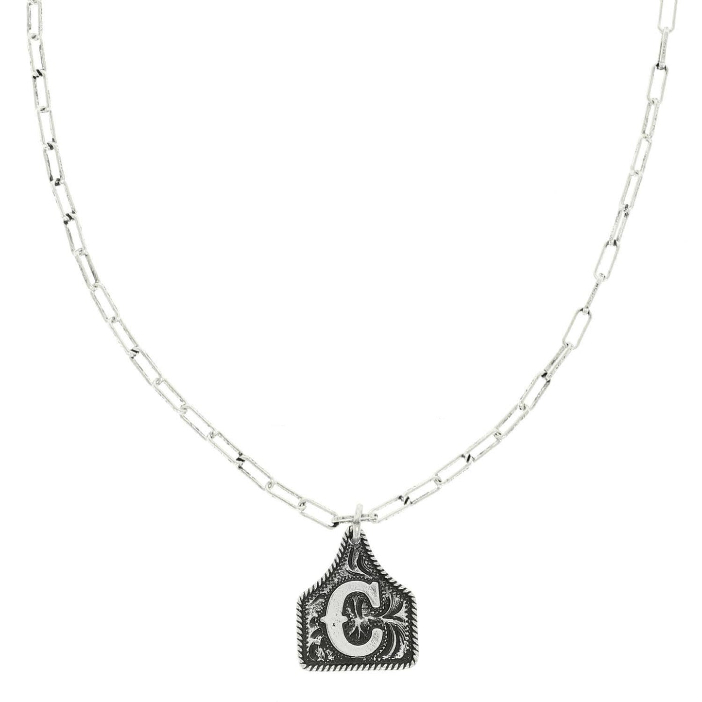 Western Letter Initial Etched Cattle Tag Pendant Necklace