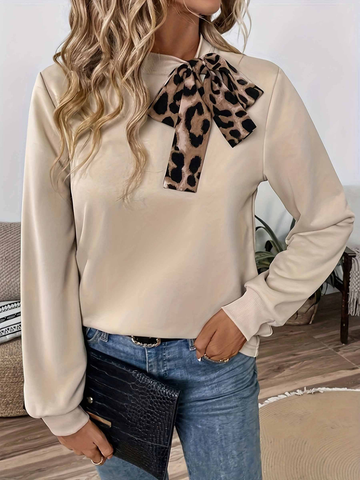 Leopard Striped Lace Up Round Neck Loose Top: Beige
