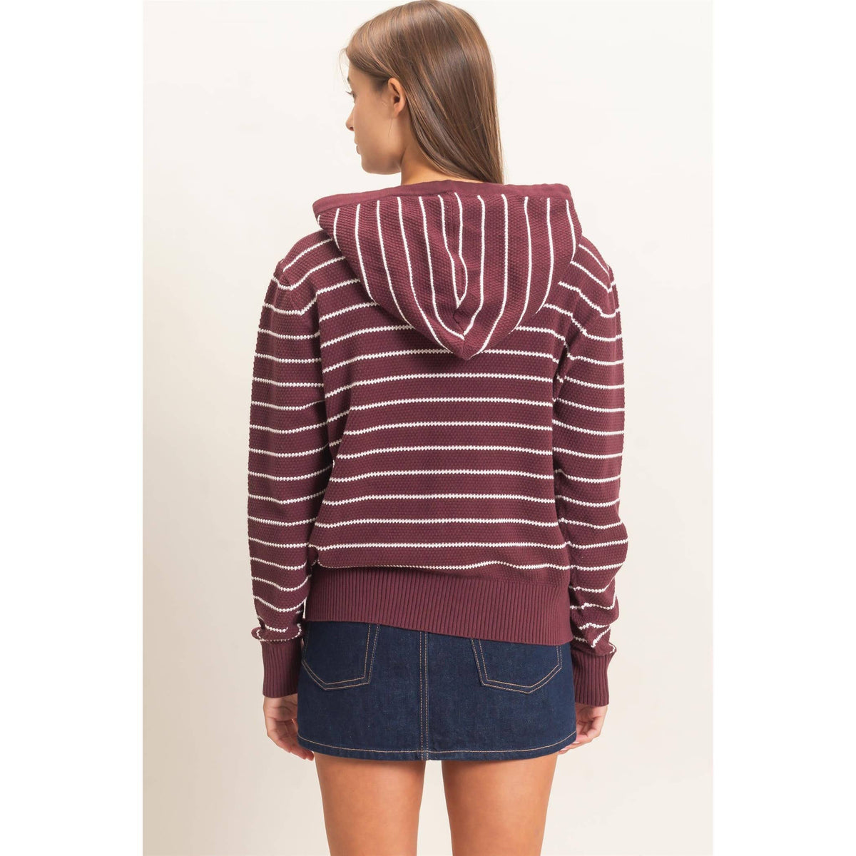 Striped Hooded Sweater: DARK CHERRY
