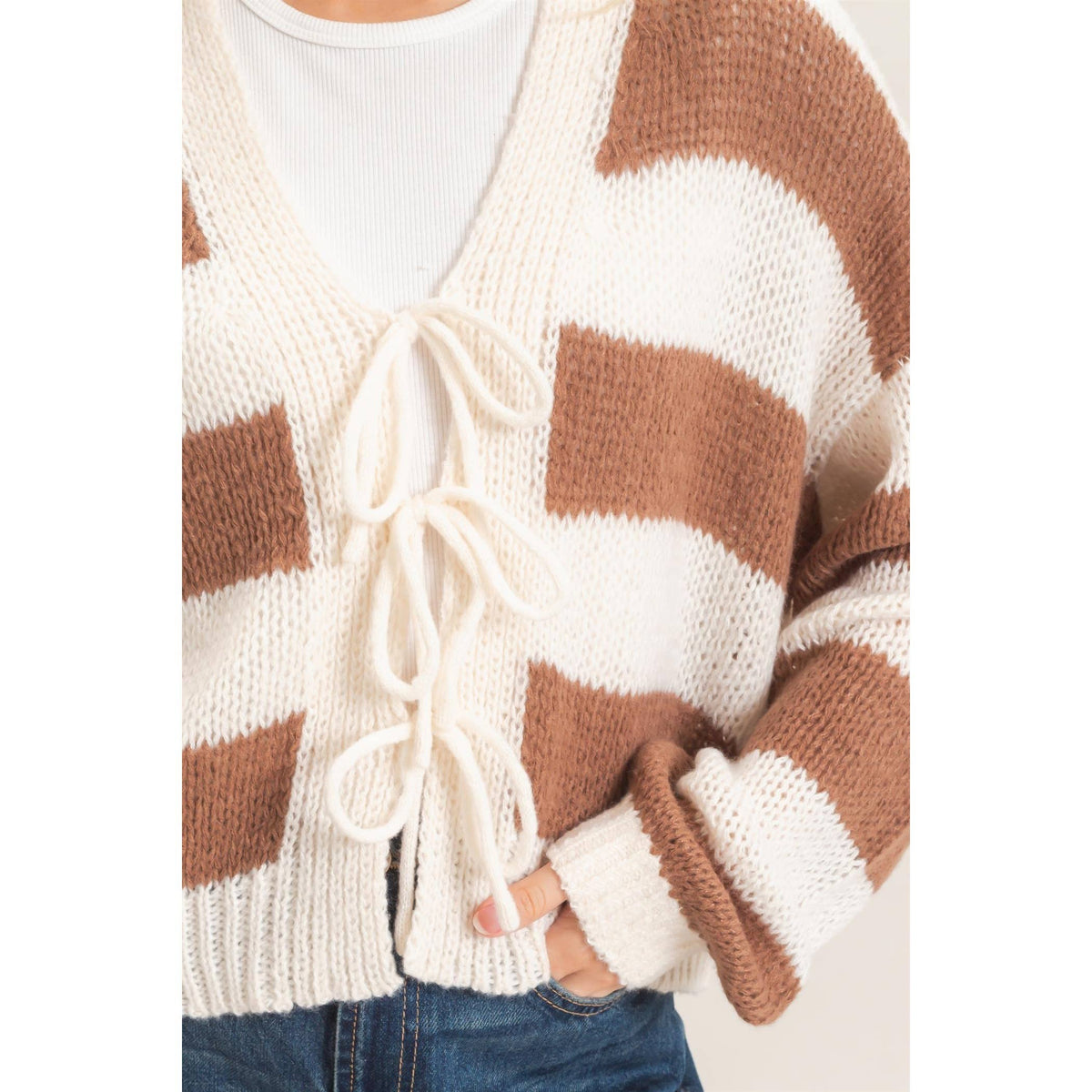 Striped V-Neck Sweater Cardigan: BROWN