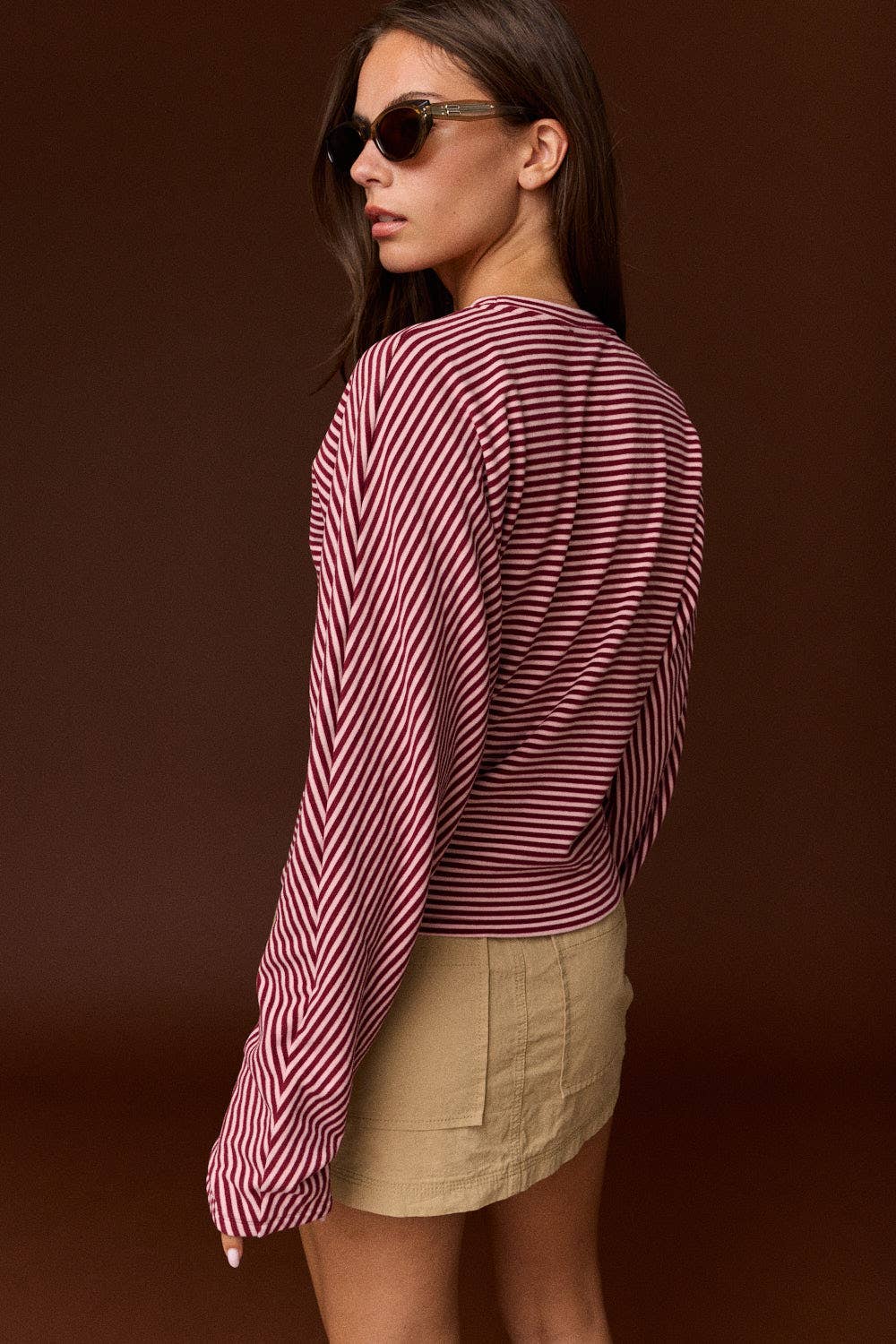 PT20107 - Slouchy relaxed fit striped long sleeves Top: BURGUNDY STRIPE / S-M-L (2-2-2)