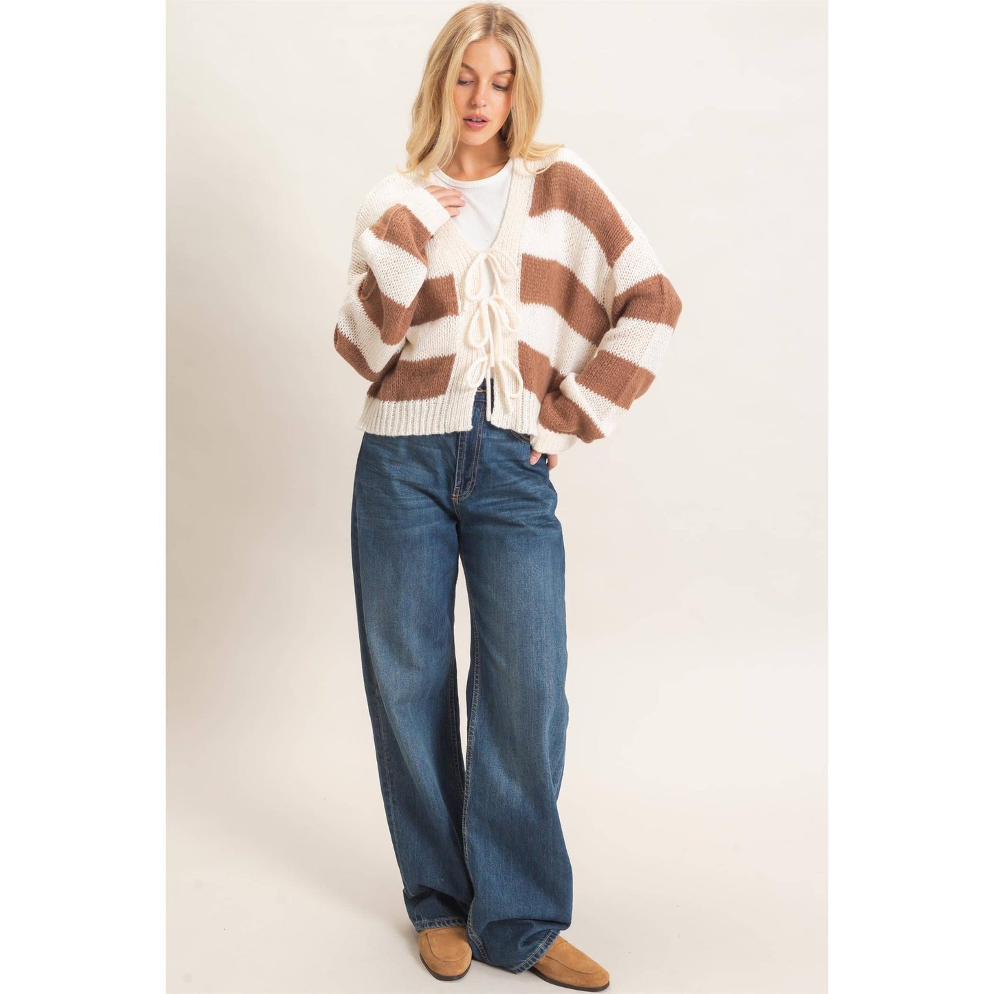 Striped V-Neck Sweater Cardigan: BROWN