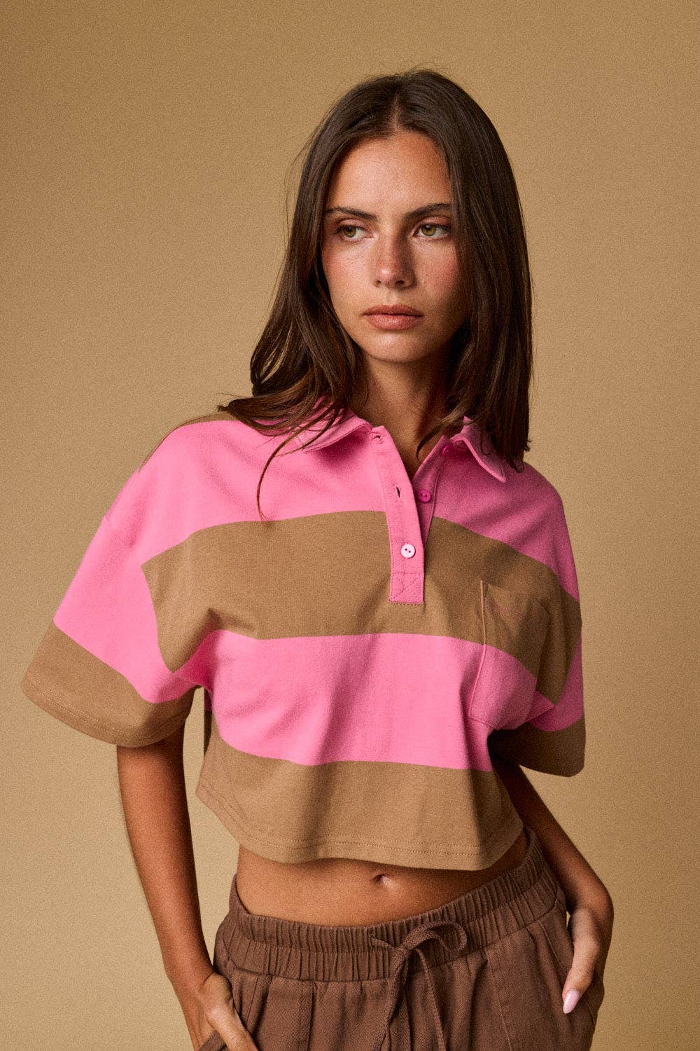 Cropped Rugby Stripe Polo Top  : IVORY/HUNTER