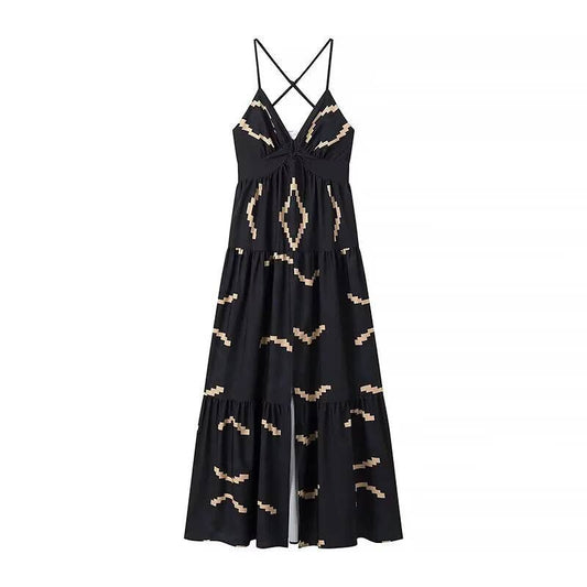 Boho Geometric Pattern Halter Deep V Side Slit Maxi Dress: Black