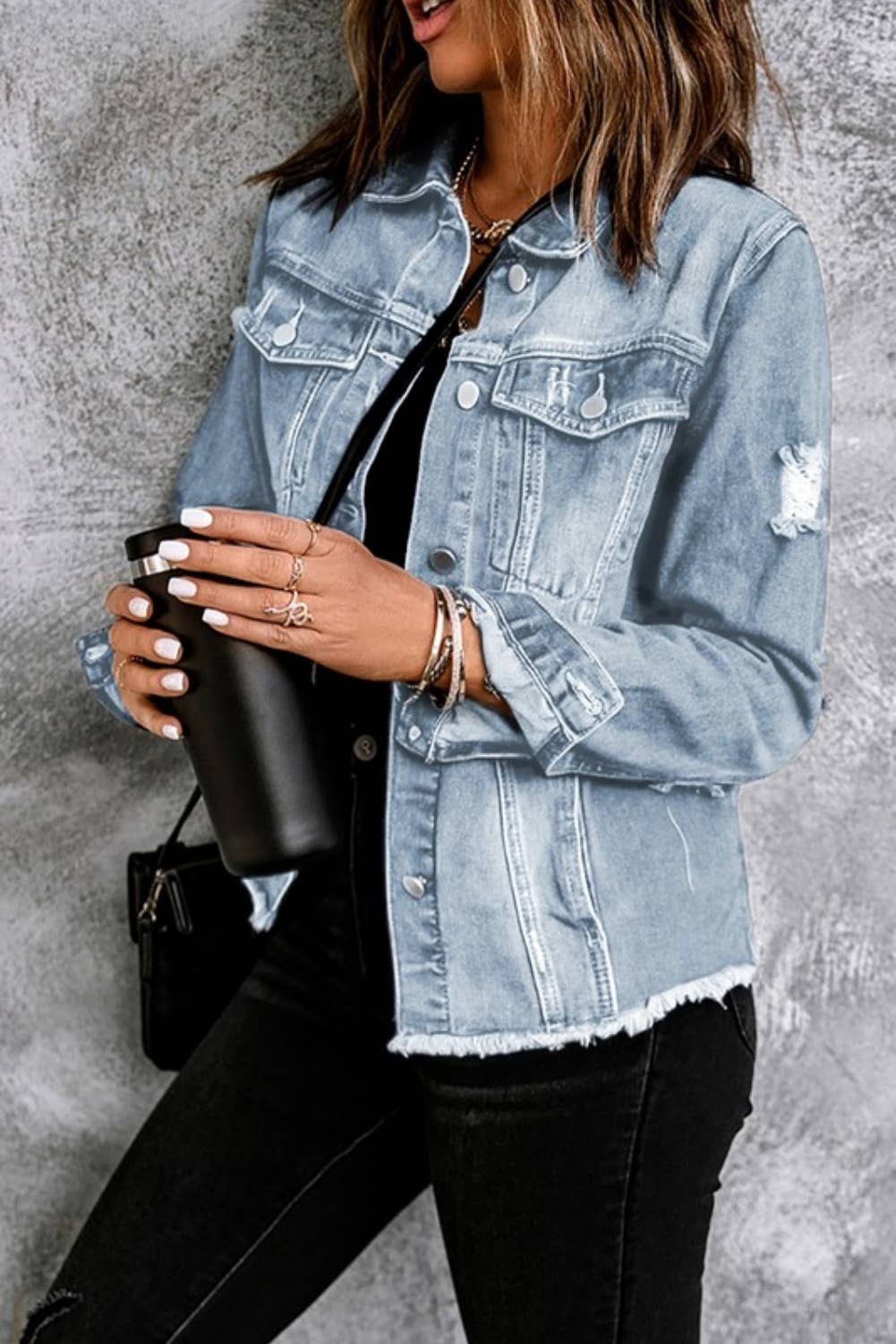 Distressed Raw Hem Buttons Denim Jacket