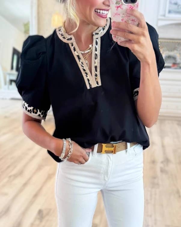 Black Notched Neck Leopard Print Trim Bubble Sleeve Top