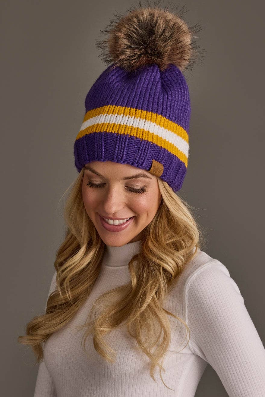 Purple, Gold & White Knit Pom Hat