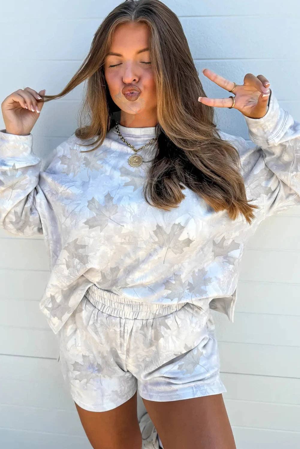 Beige Camo Print Pullover Top and Short Set