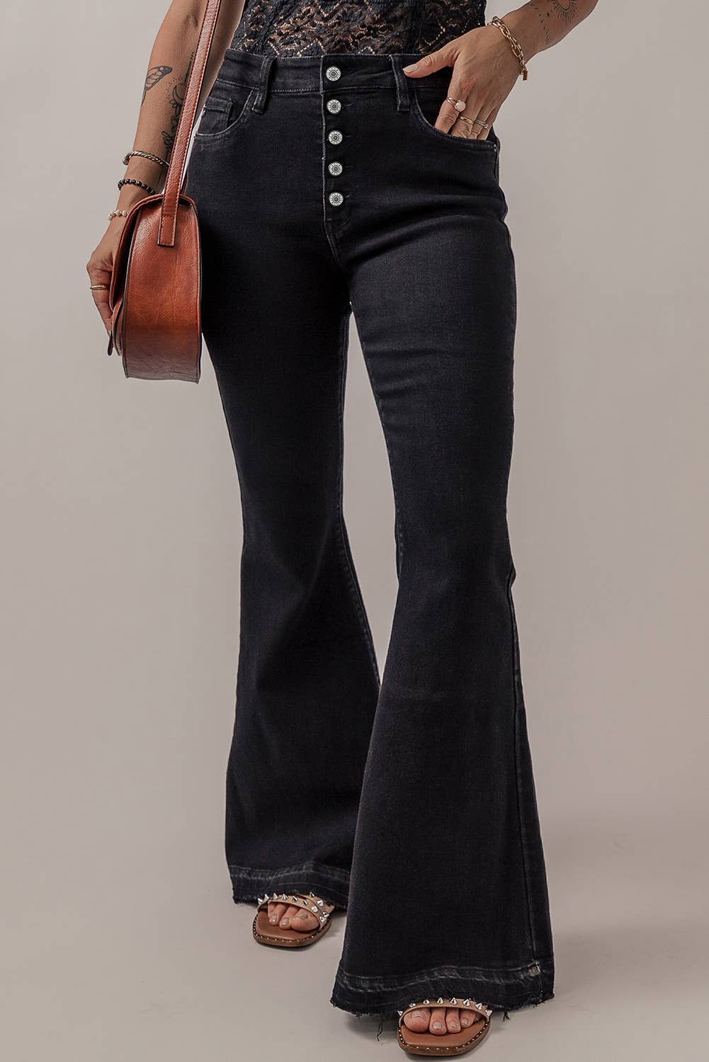 Button Front Flare Jeans: Black / L