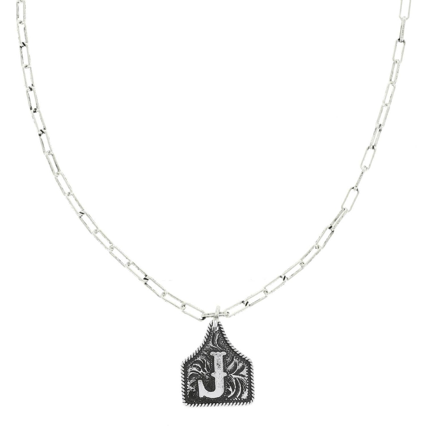 Western Letter Initial Etched Cattle Tag Pendant Necklace