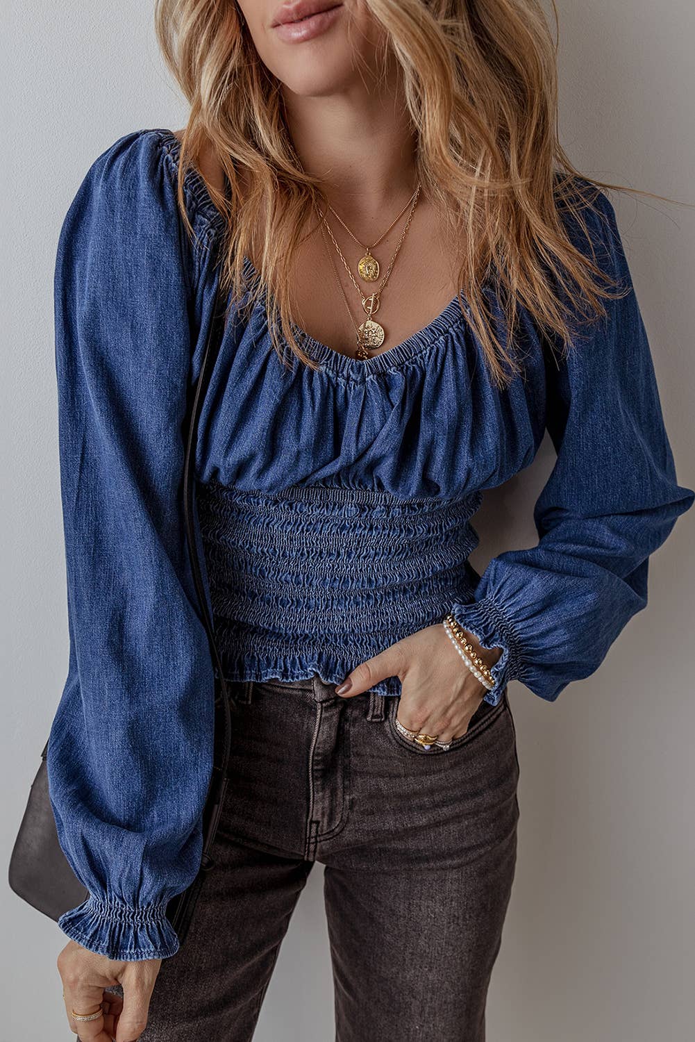 Ruffled Puff Sleeve V Neck Denim Blouse: Dark Blue