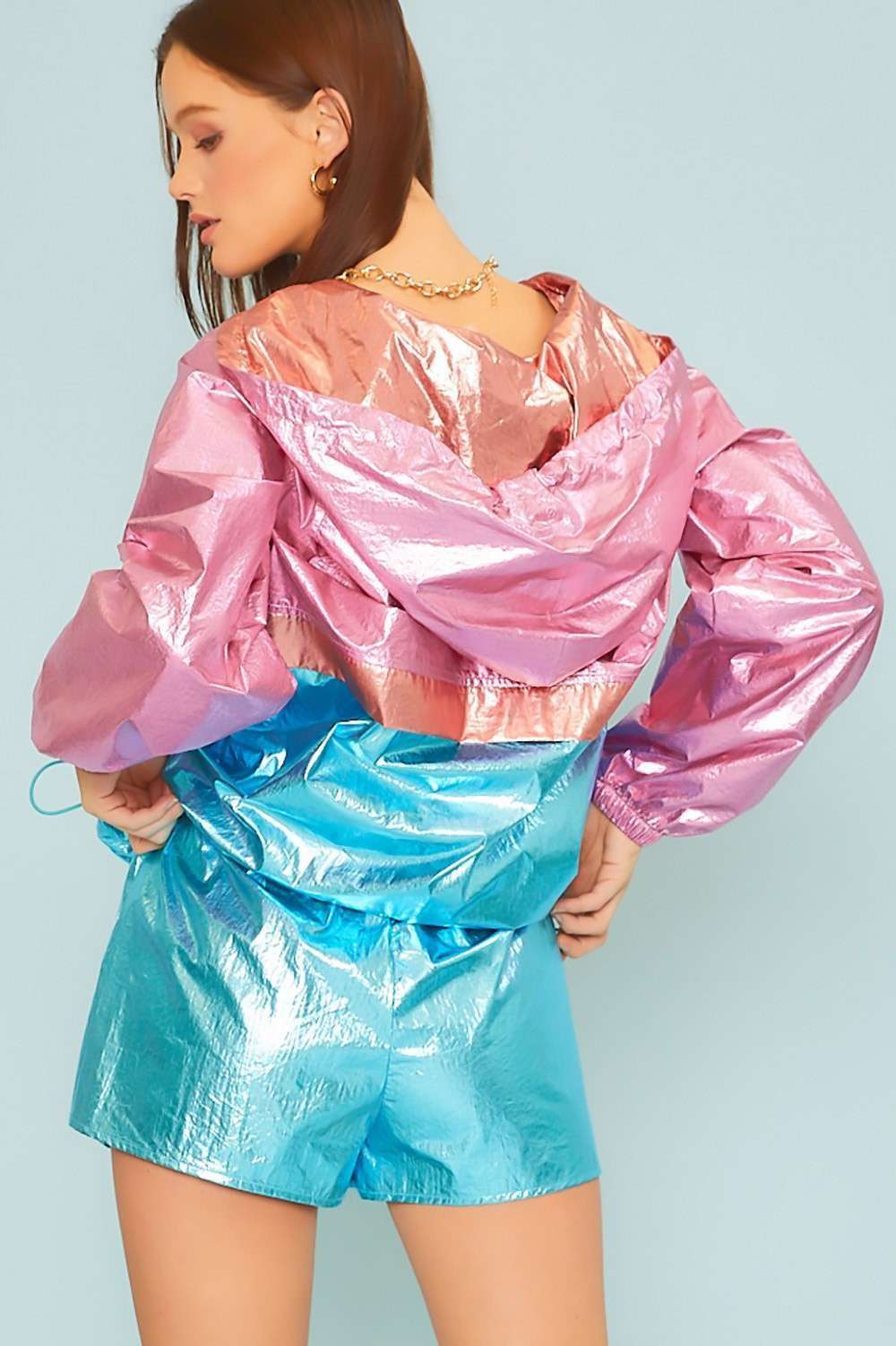 Color Block Hoodie Metallic Windbreaker