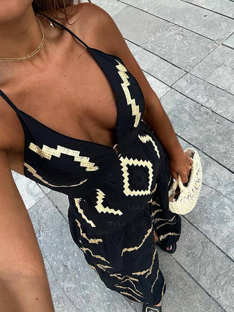 Boho Geometric Pattern Halter Deep V Side Slit Maxi Dress: Black