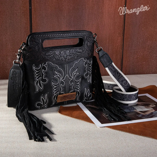 Wrangler Top Handle Embroidered Fringe Mini Tote/Crossbody: Black