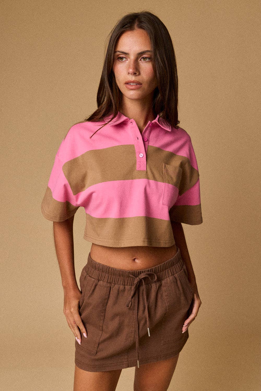 Cropped Rugby Stripe Polo Top  : IVORY/HUNTER