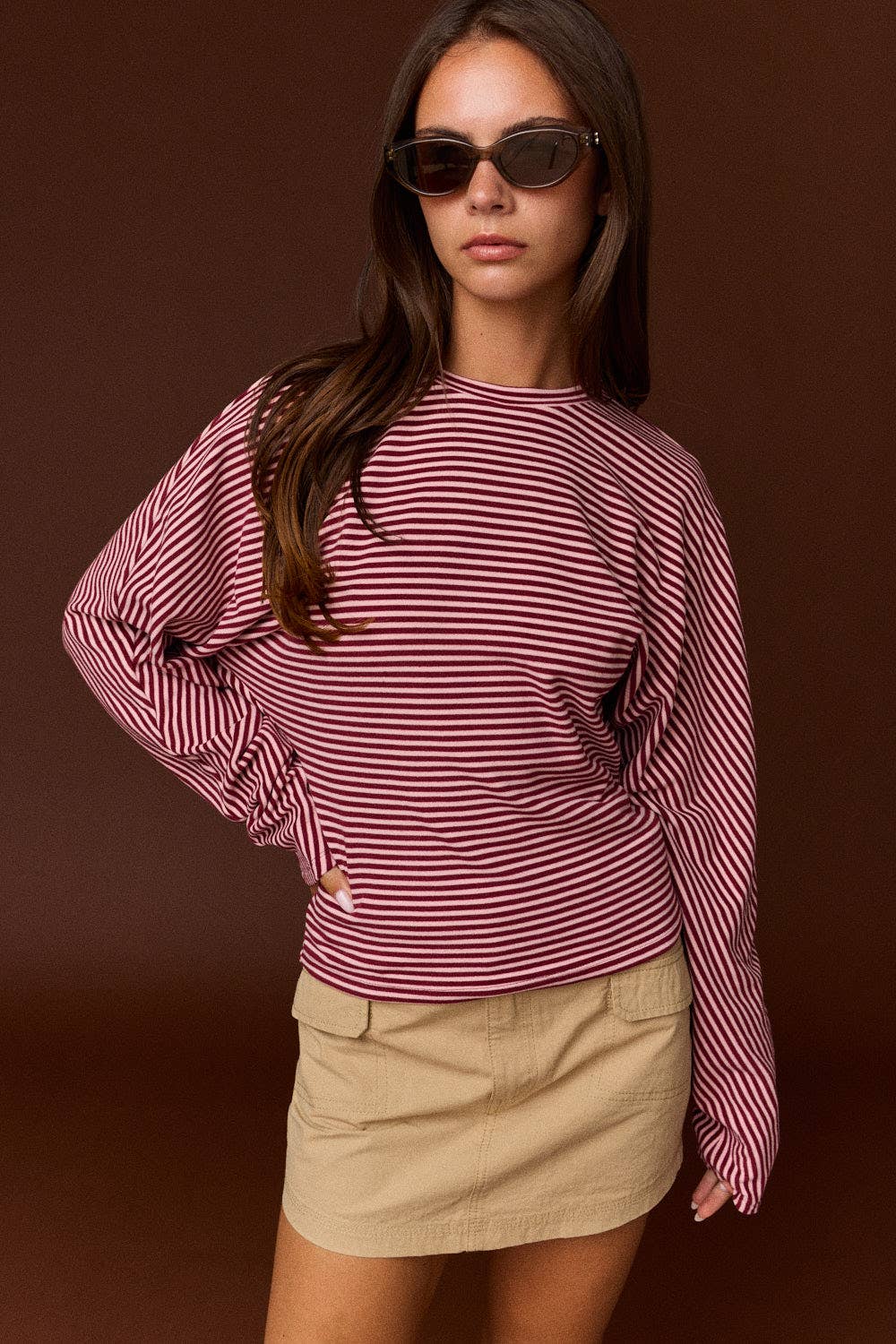 PT20107 - Slouchy relaxed fit striped long sleeves Top: BURGUNDY STRIPE / S-M-L (2-2-2)