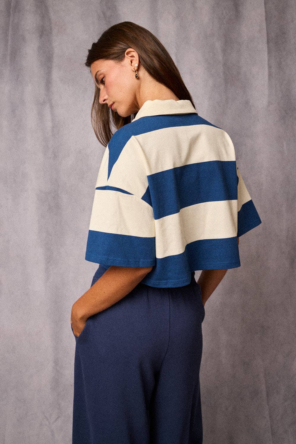 Cropped Rugby Stripe Polo Top  : IVORY/HUNTER