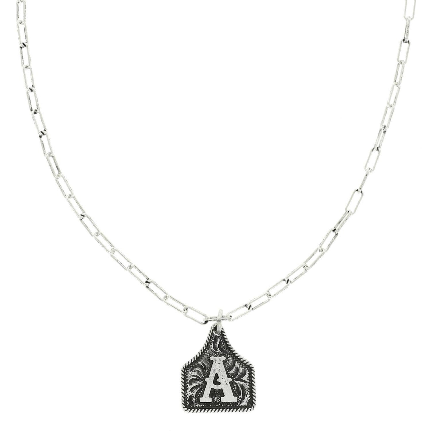 Western Letter Initial Etched Cattle Tag Pendant Necklace
