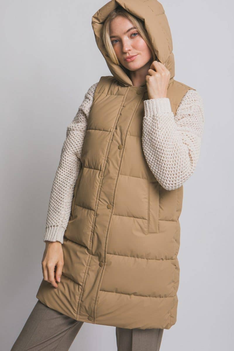 Hooded Long Quilted Puffer Vest: BLACK