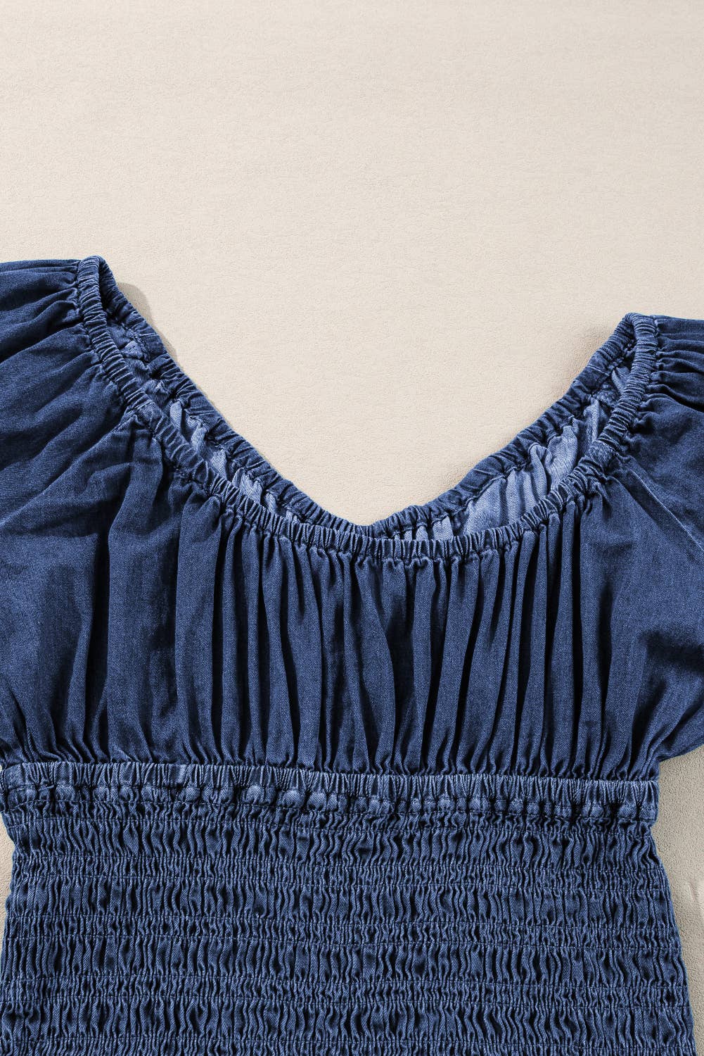 Ruffled Puff Sleeve V Neck Denim Blouse: Dark Blue
