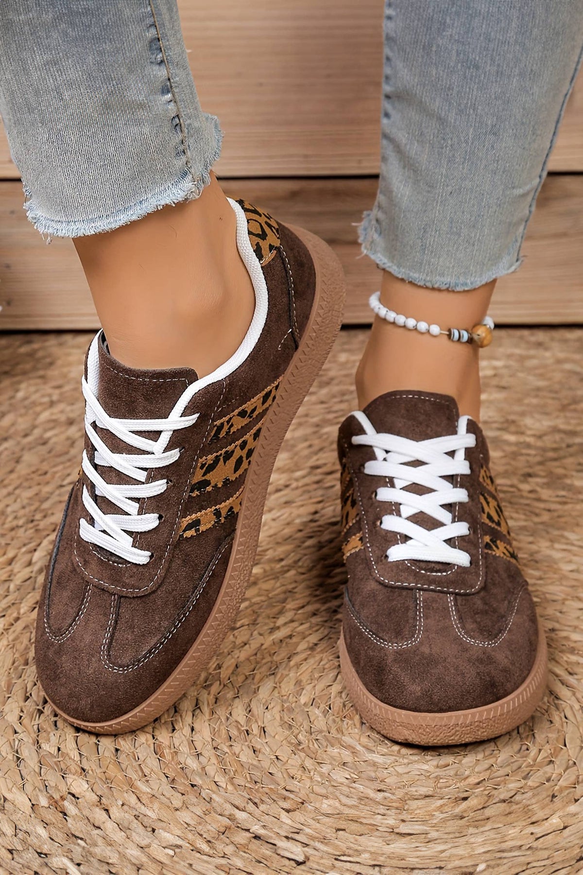 Leopard Patchwork Detail Faux Suede Shoes | Coffee