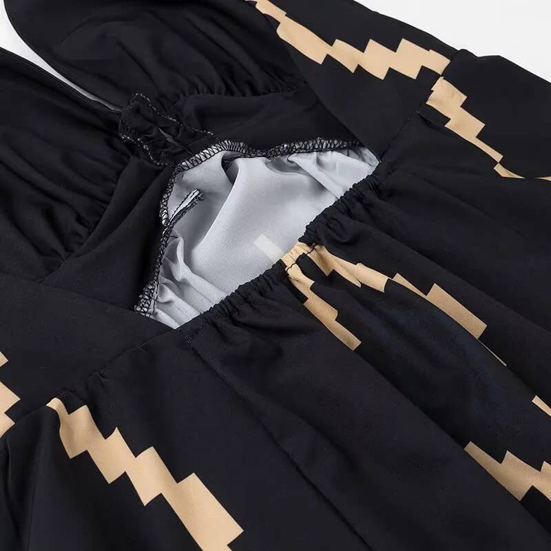 Boho Geometric Pattern Halter Deep V Side Slit Maxi Dress: Black