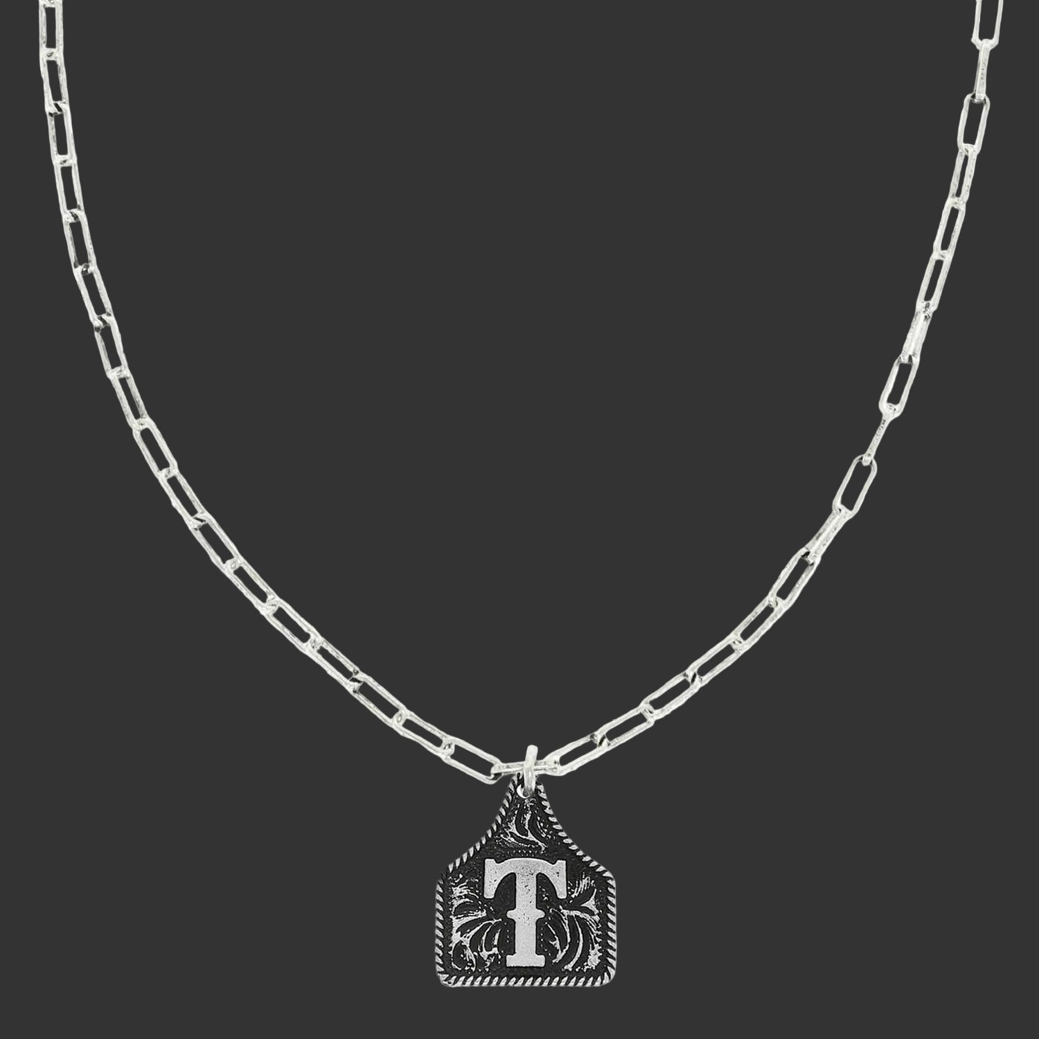 Western Letter Initial Etched Cattle Tag Pendant Necklace