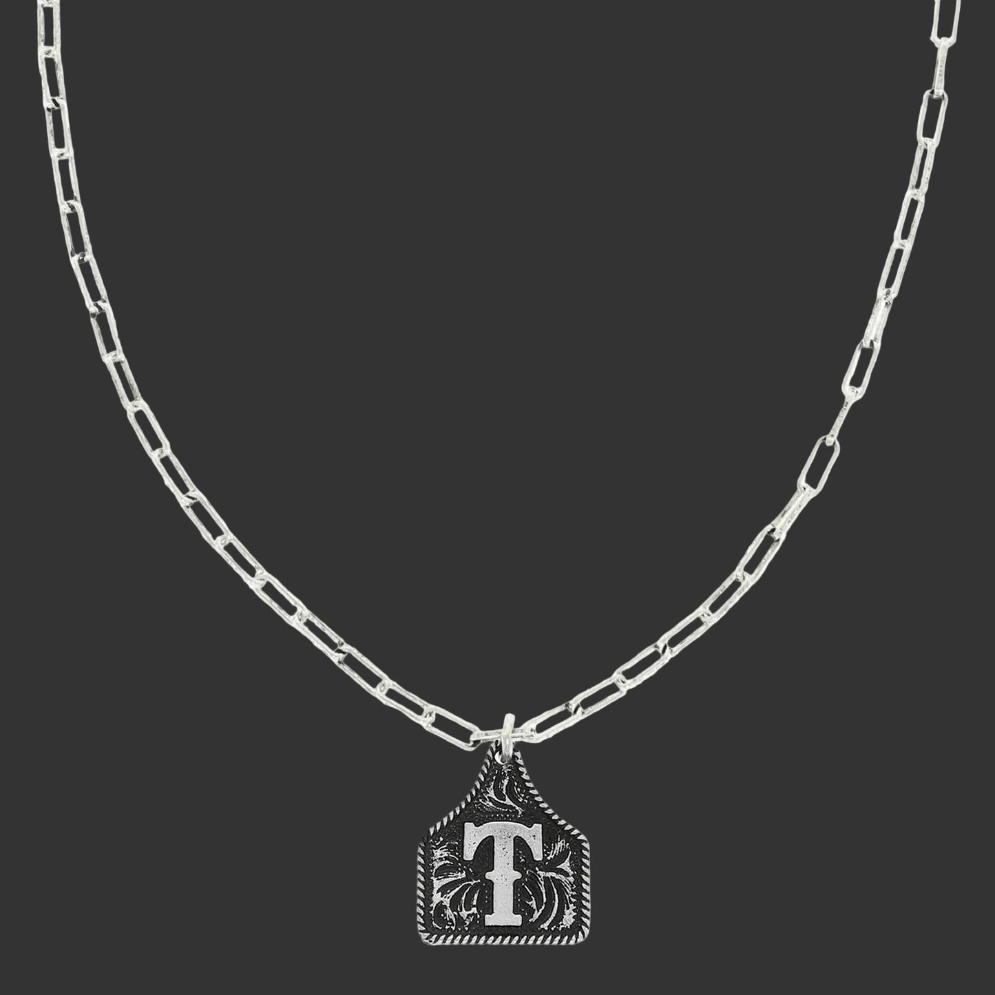 Western Letter Initial Etched Cattle Tag Pendant Necklace