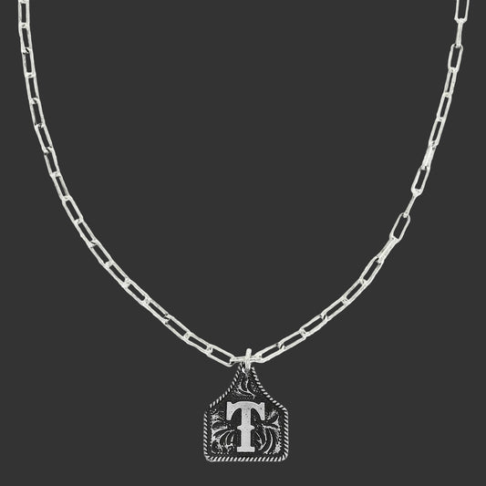 Western Letter Initial Etched Cattle Tag Pendant Necklace