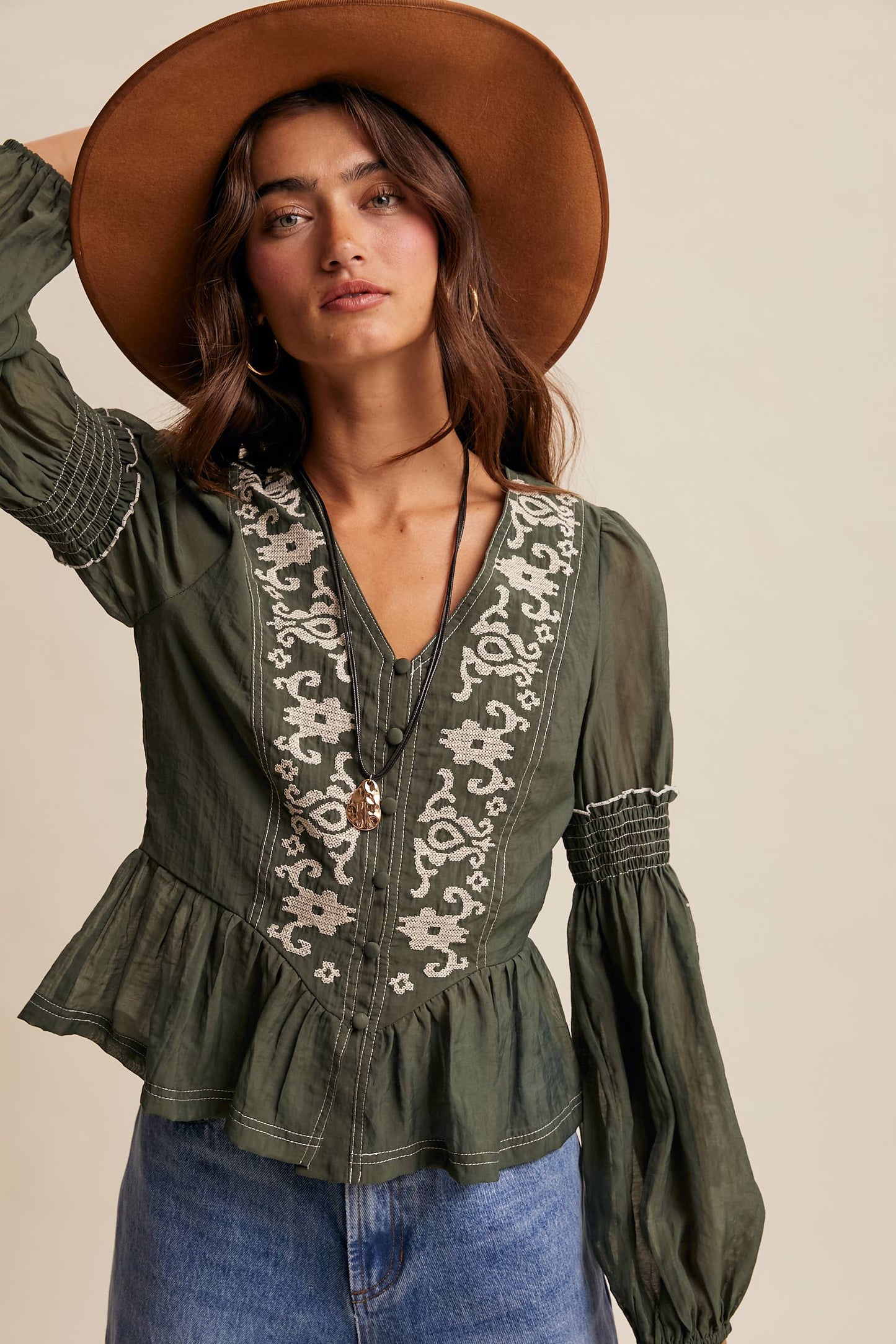 Embroidered Peplum Blouse