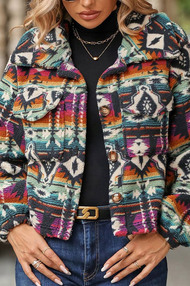 Western Aztec Pattern Button Up Fleece Crop Jacket