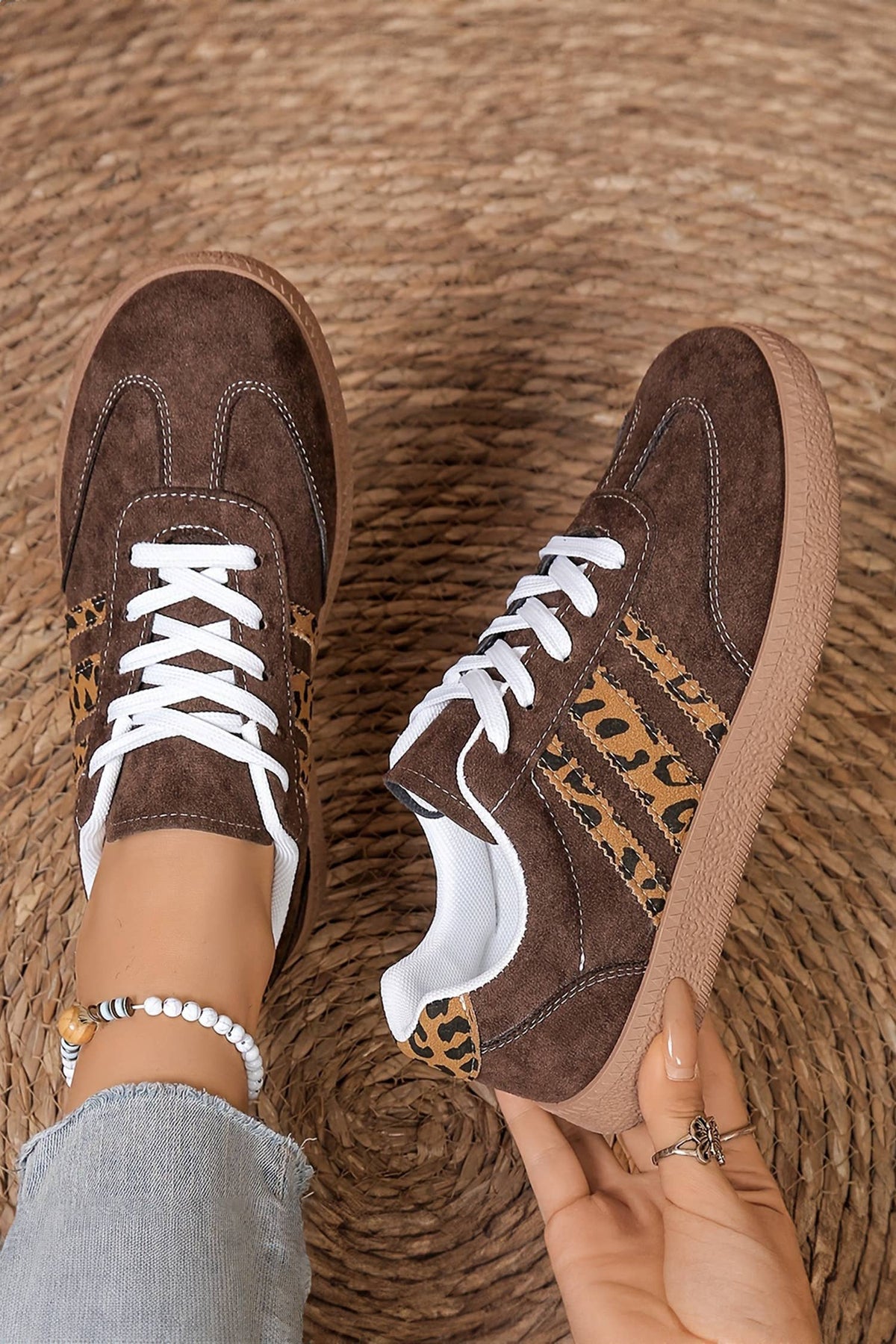Leopard Patchwork Detail Faux Suede Shoes | Coffee