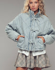 Oversized Quilted Denim Tie-Front Jacket: LT DENIM