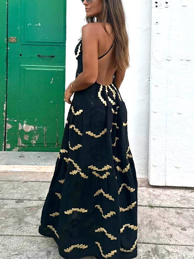 Boho Geometric Pattern Halter Deep V Side Slit Maxi Dress: Black