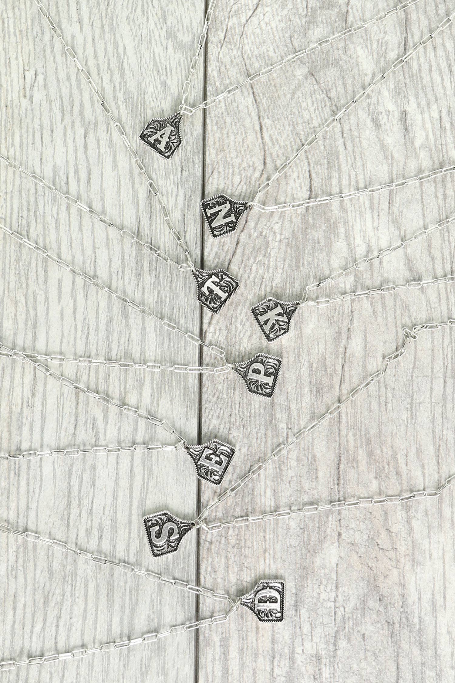 Western Letter Initial Etched Cattle Tag Pendant Necklace