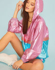 Color Block Hoodie Metalic Windbreaker: BLUE MULTI