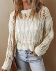 LDC Cut Out Crochet Crew Neck Loose Fit Sweater: White