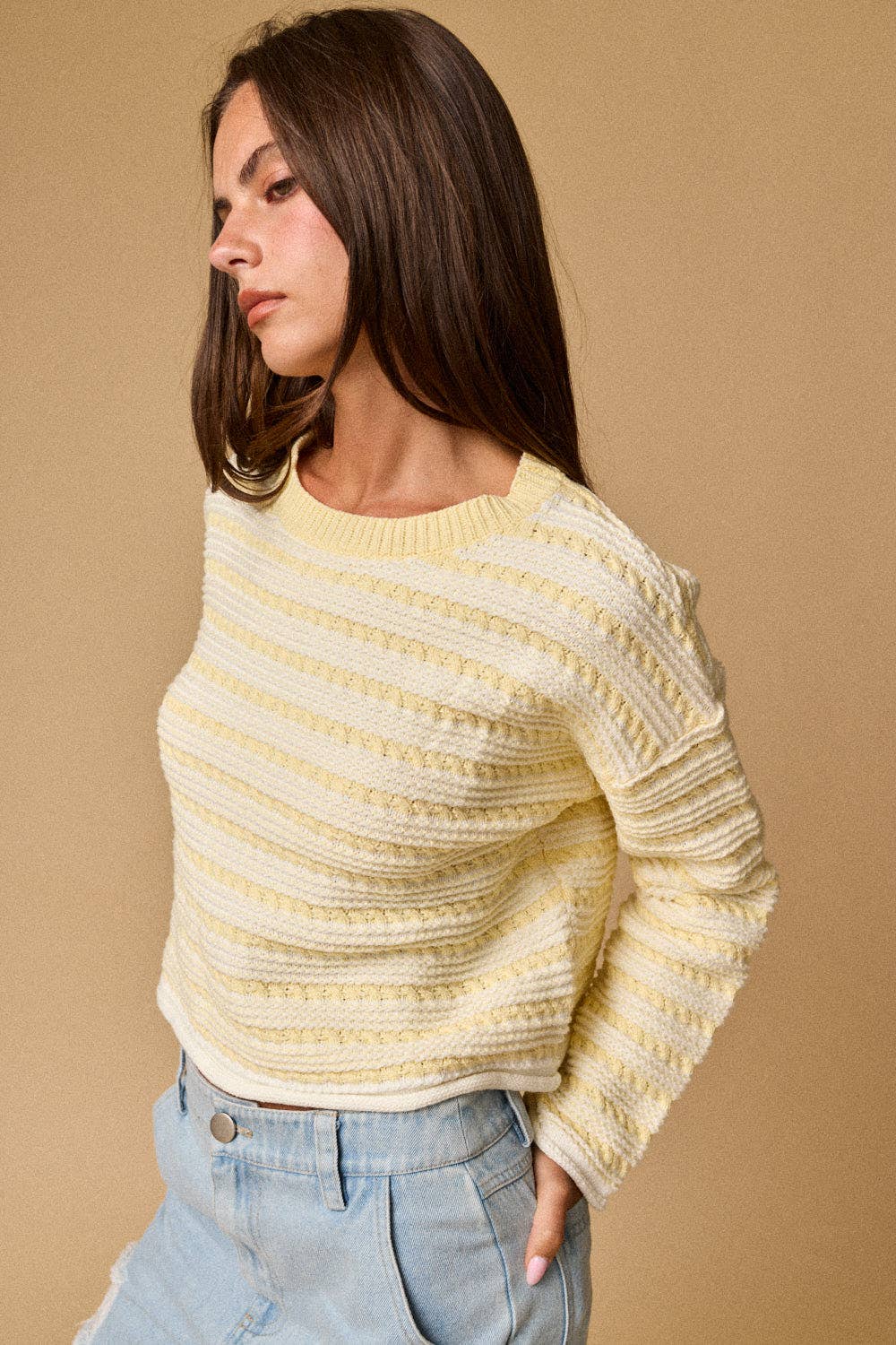 PT19289 - Textured Stripe Cropped Knit Top: YELLOW /
