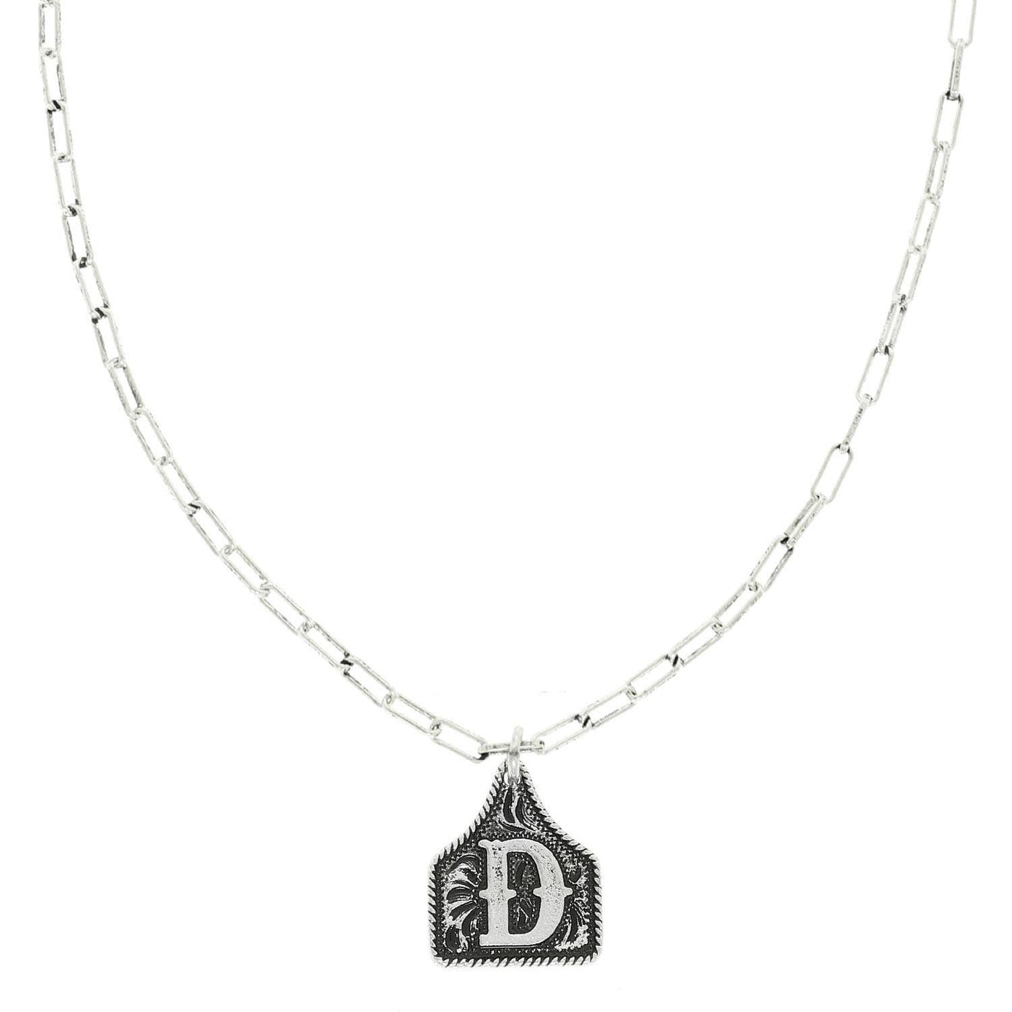 Western Letter Initial Etched Cattle Tag Pendant Necklace