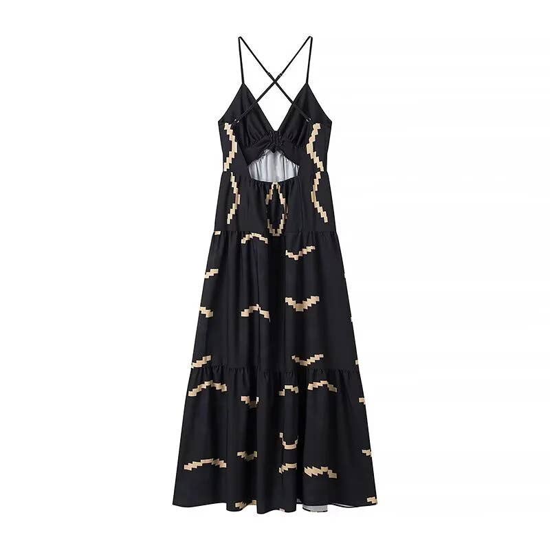 Boho Geometric Pattern Halter Deep V Side Slit Maxi Dress: Black