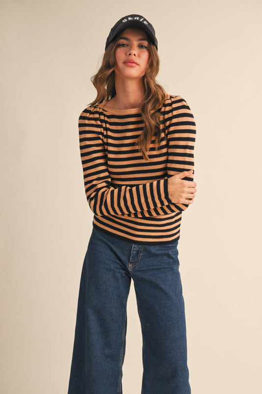 Long Sleeved Taupe/Black Ribbed Shirt